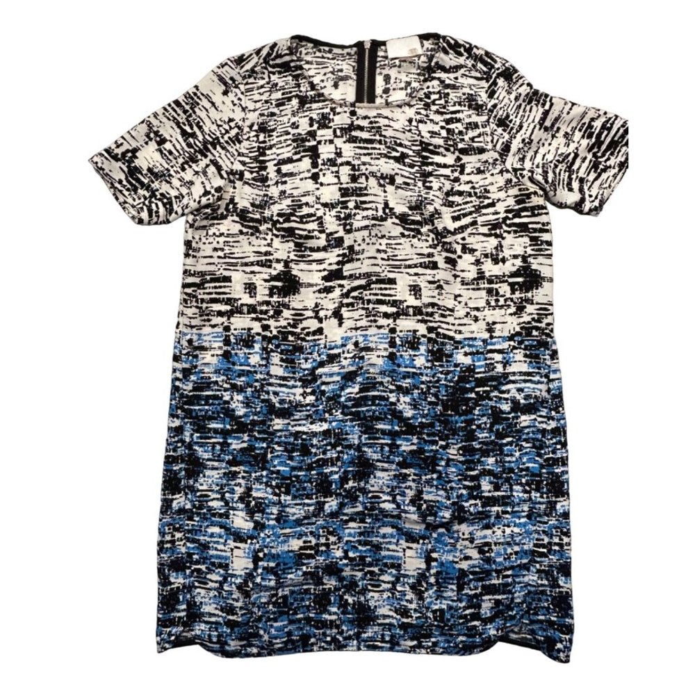 Dalia White Blue Black Pattern‎ Sheath Short Sleeve Back Zipper Dress Size 14